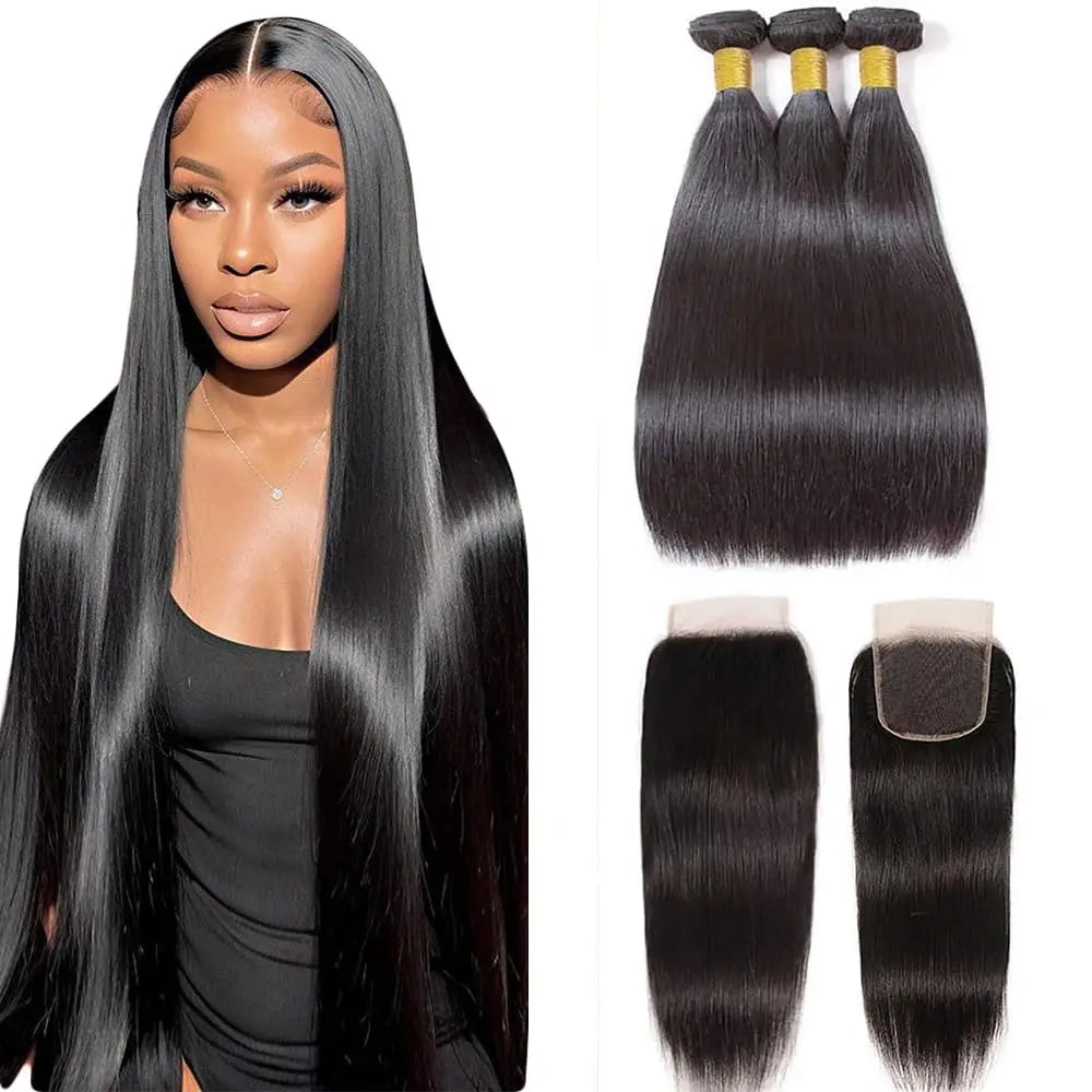 Raw Human Hair Bundles with Closure